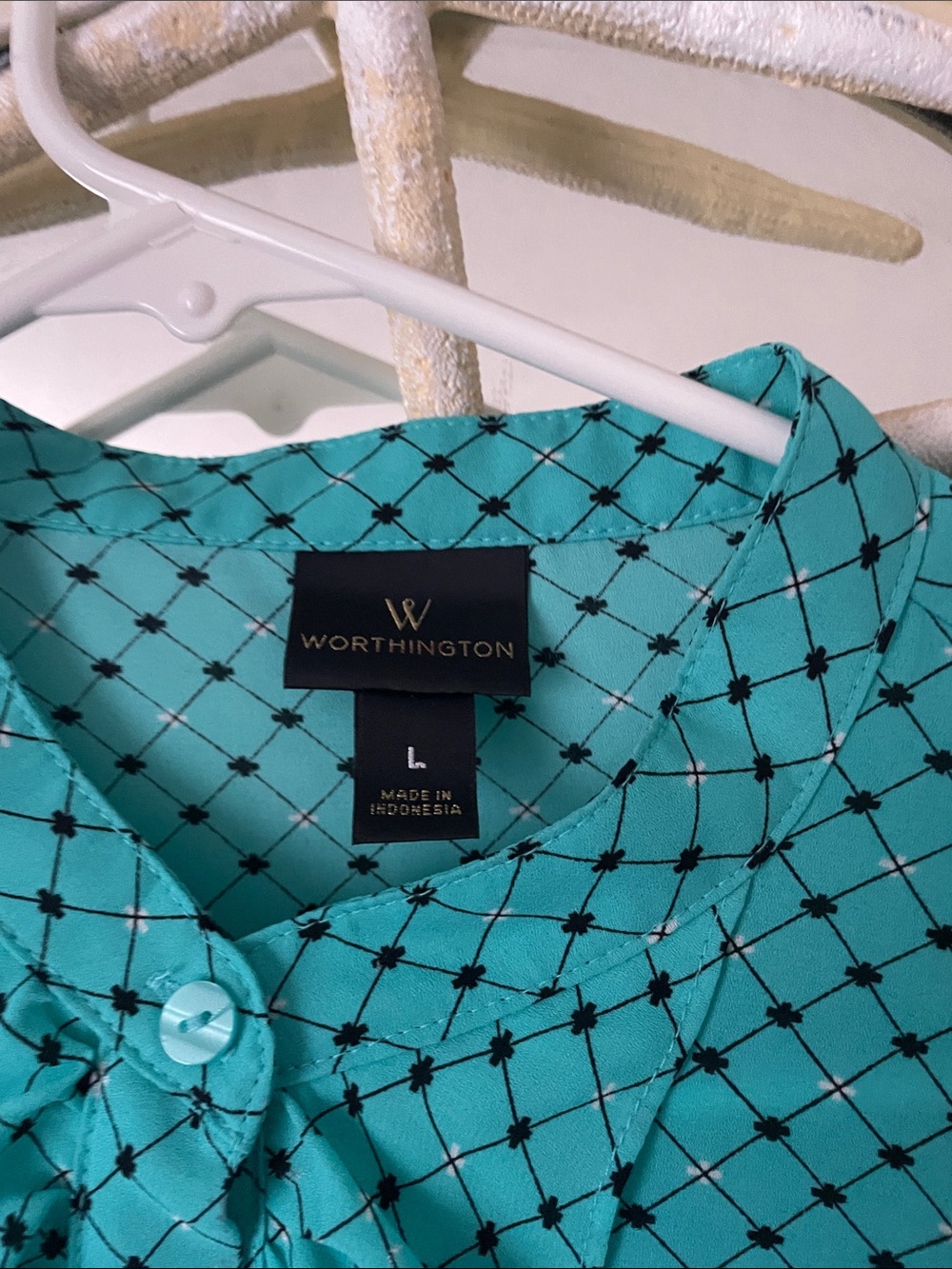 Worthington Turquoise Diamond-Print Ruffle Blouse - Picture 2 of 3